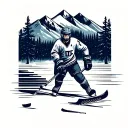Pond Hockey, mountains, trees in the background tattoo design idea