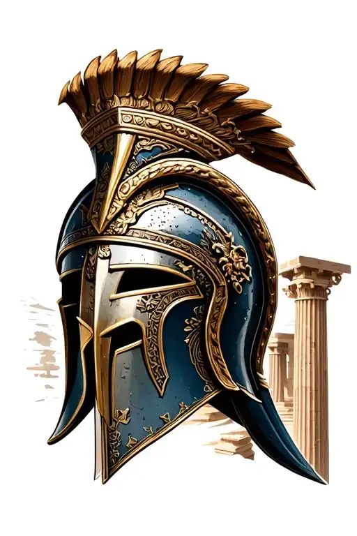 depicting a detailed Greek/Spartan helmet with a crest, set against a background of ancient ruins or Greek columns tattoo design idea
