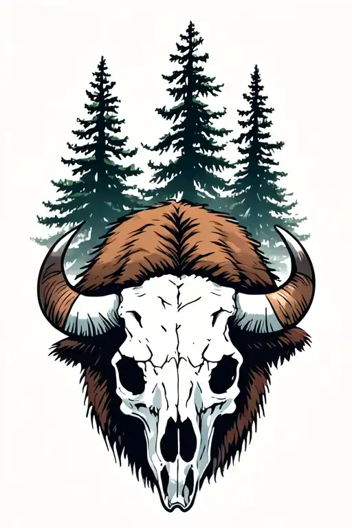 Bison Skull with trees in the background tattoo design idea