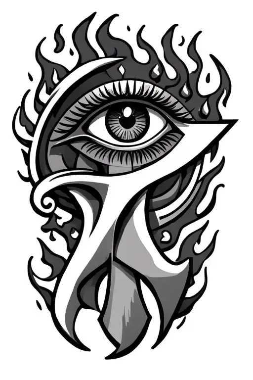 eye of horus and ankh with flames surrounding tattoo design idea