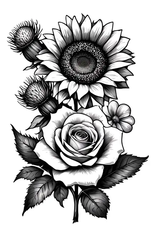 sunflower, rose, thistle, clover leaf and daffodil tattoo design idea