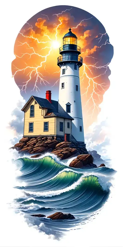 lighthouse on rocks with waves and a lightning storm  tattoo design idea
