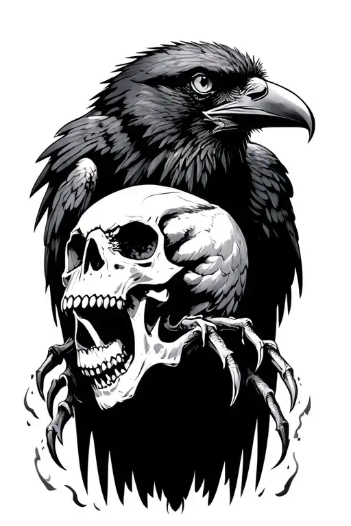 A Raven holding a skull in his claws with demonic empty eyes and a open mouth spitting fire with realistic shading  tattoo design idea
