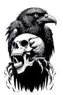A Raven holding a skull in his claws with demonic empty eyes and a open mouth spitting fire with realistic shading  tattoo design idea