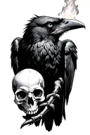 A Raven holding a skull in his claws with demonic empty eyes and a open mouth spitting fire with realistic shading  tattoo design idea