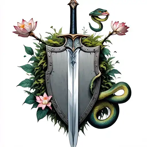 sword crossing a shield over grown with moss and lotus flowers and a snake wrapped around the snake tattoo design idea