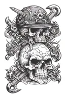 A skull with barbells as crossbones and guns as eyes tattoo design idea