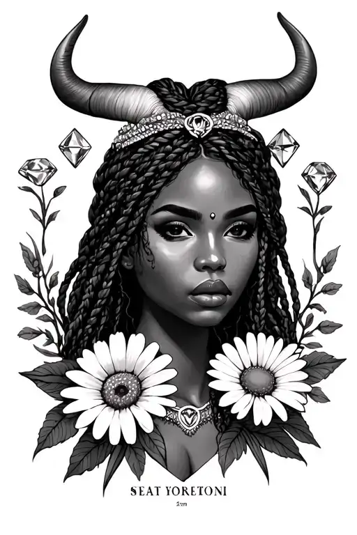 taurus, goddess, tarot card, earth, Venus, black diamond, daisy, black woman, full lips, braided hair tattoo design idea