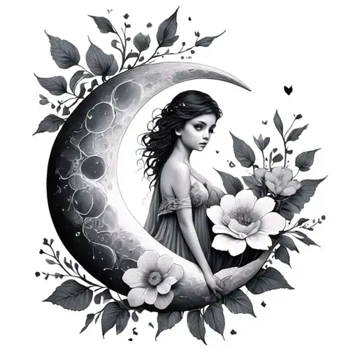 moon fairy flowers tattoo design idea