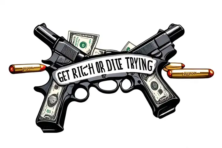 "Get rich or die trying" guns and money and bullets tattoo design idea