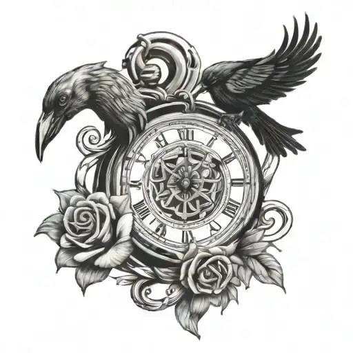 roses anchor broken clock ravens tattoo design idea
