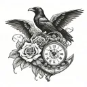 roses anchor broken clock ravens tattoo design idea