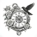 roses anchor broken clock ravens tattoo design idea