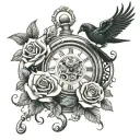 roses anchor broken clock ravens tattoo design idea