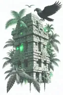 quetzal bird over mayan temple in banana tree forest tattoo design idea