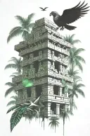 quetzal bird over mayan temple in banana tree forest tattoo design idea