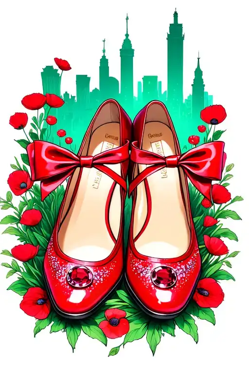two sparkly flat red ruby shoes with bows on toes with emerald city in background with poppy surround tattoo design idea