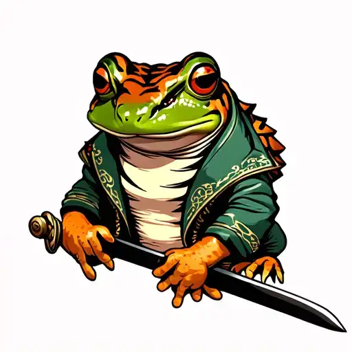 frog with tiger skin jacket holding a sword tattoo design idea
