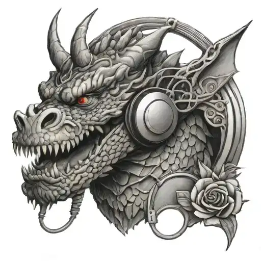 A dragon with headphones on, listening to music while getting a massage tattoo design idea