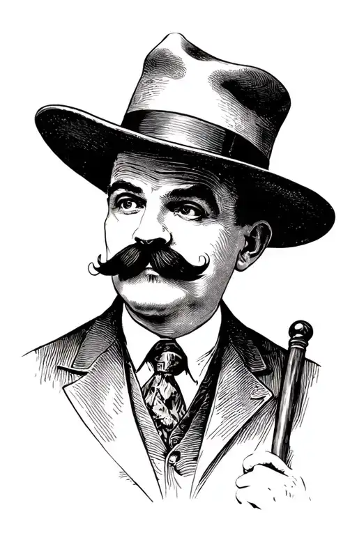 1920s man with a big moustache wearing a suit and hat holding a cane tattoo design idea