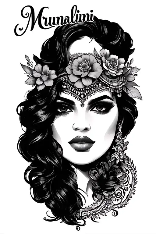 Create half sleeve tattoo featuring the name 'Mrunalini' incorporated with with fillers much similar to chicano style tattoo design idea