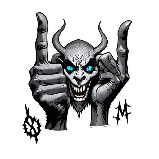 blue eyed demon holding up a middle finger on one hand and the rock on symbol on the other hand tattoo design idea