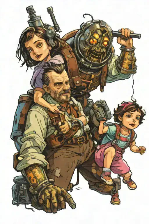 big daddy from bioshock with little sister on his shoulders while she is holding a syringe of adam tattoo design idea