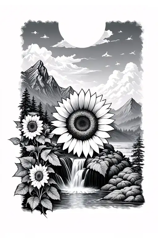 mountain waterfall and sunflower  tattoo design idea