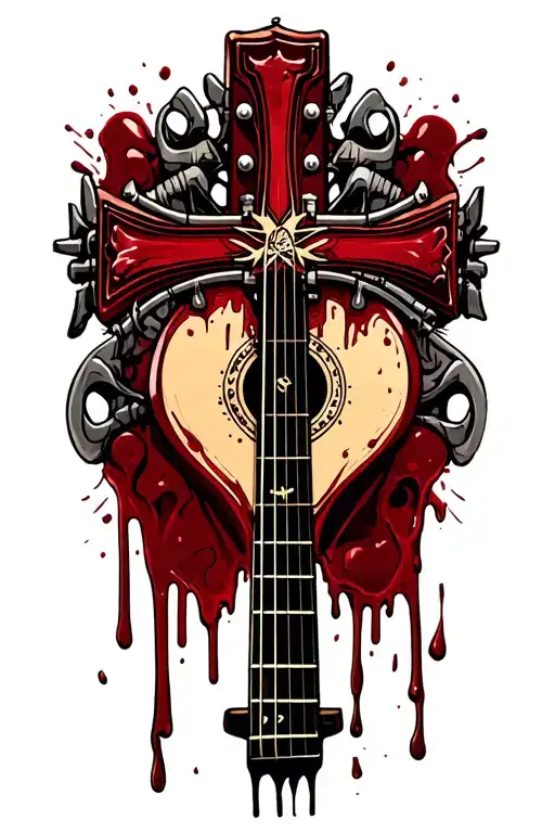 Forearm cross tattoo with guitar fretboard and nails with no borders and blood dripping down the strings tattoo design idea