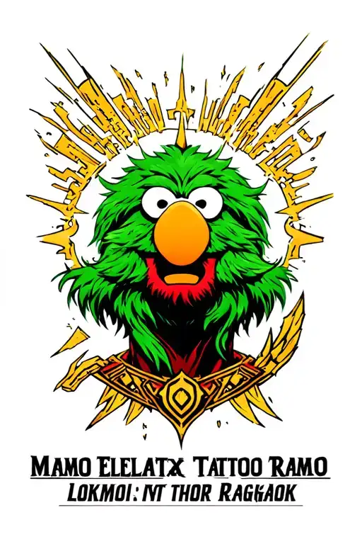 Loki Marvel Elmo in Thor Ragnarok in green tones with the multiverse lines tattoo design idea