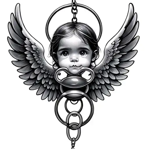 wings and a baby pacifier hanging tattoo design idea