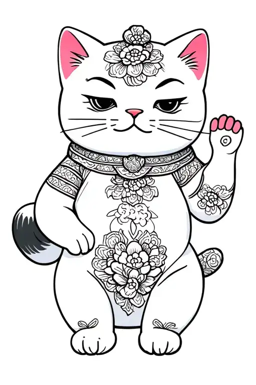 maneki-neko sitting and waving his left paw with little floral pattern tattoo design idea