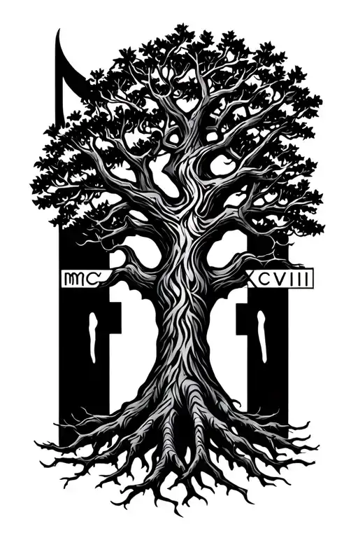 "MCMXCVIII" a  oak tree with deep roots and with orthodox cross in the background  tattoo design idea