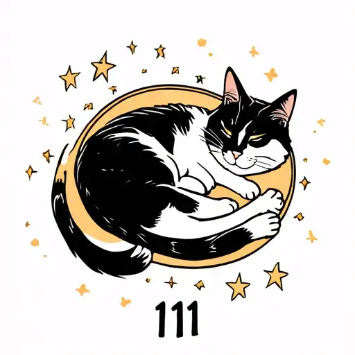 cat sleeping curled in a circle with stars and "111" written below tattoo design idea