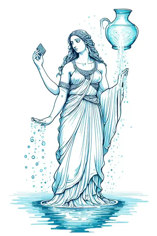 fine line water bearer goddess standing pouring water flowing out of jug above her head tattoo design idea