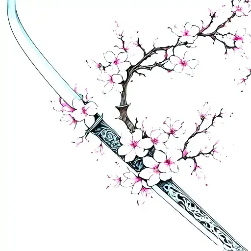Samurai sword blade tip transforming into cherry blossom's tattoo design idea