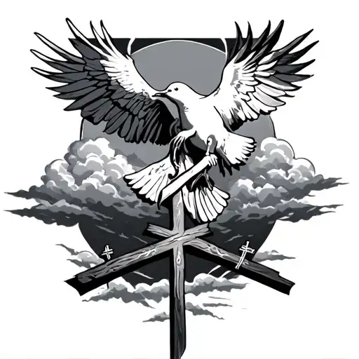 Fear God, with a dove and three crosses, and the back shadow be clouds. tattoo design idea