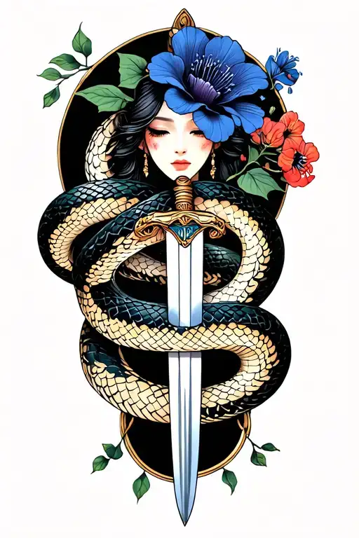 belladonna and snake wrapping around arm and sword tattoo design idea