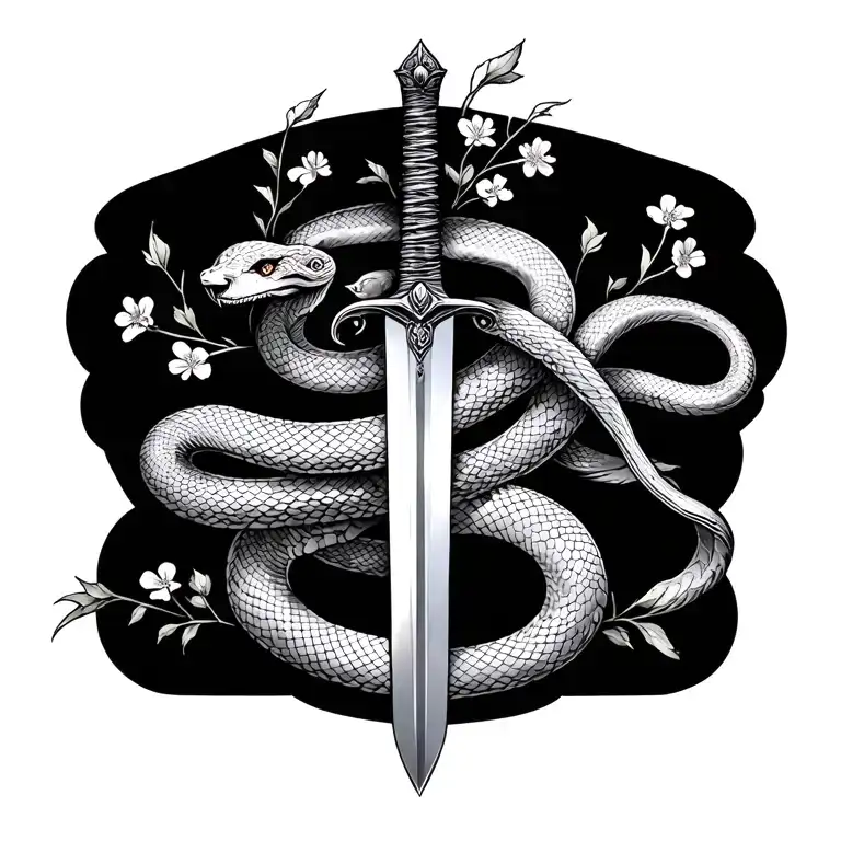 A simple and thin sword with feminine snake wrapped around and dainty flowers  tattoo design idea