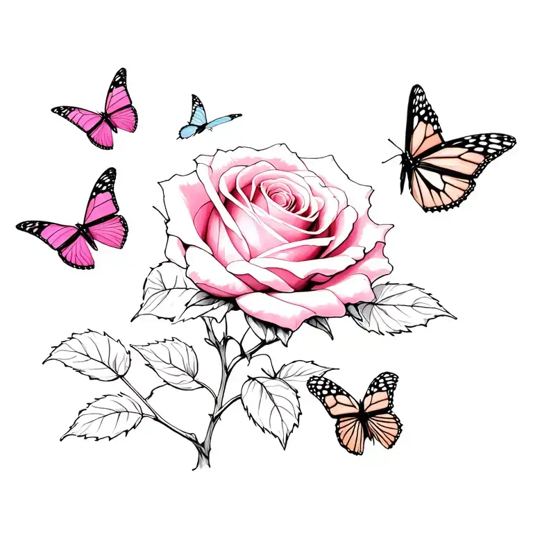 realistic pink rose and monarch butterflies fluttering tattoo design idea