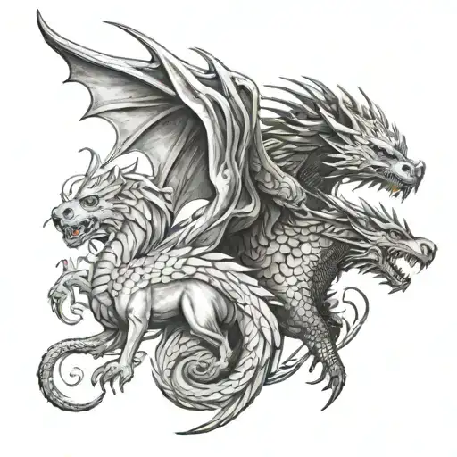 half game of thrones dragon on the left half direwolf on the right departed by a sword  tattoo design idea