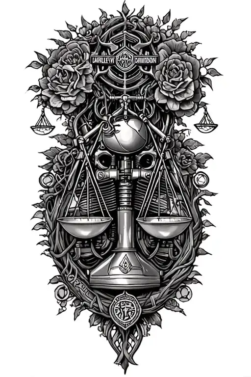 gothic celtic steampunk tree of life, libra scale & harley davidson engine intertwined  tattoo design idea