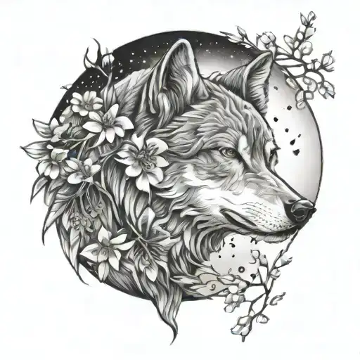 A tattoo of a wolf howling at the moon with Japanese cherry blossoms in the background tattoo design idea