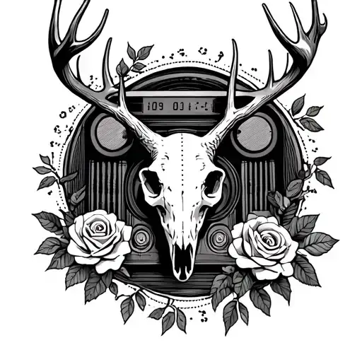 1900s cathedral radio with deer skull in front, and vines/roses around the antlers and radio tattoo design idea