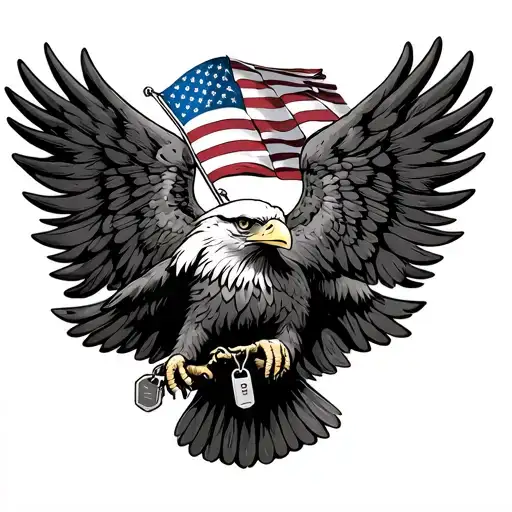 Bald eagle wings spread wide holding an american flag and dog tags tattoo design idea