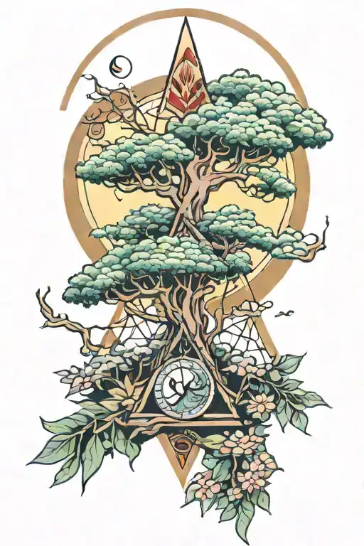 Colorful neo traditional tattoo with redwood tree, fren leaf, a full moon and sacred geometric filler tattoo design idea