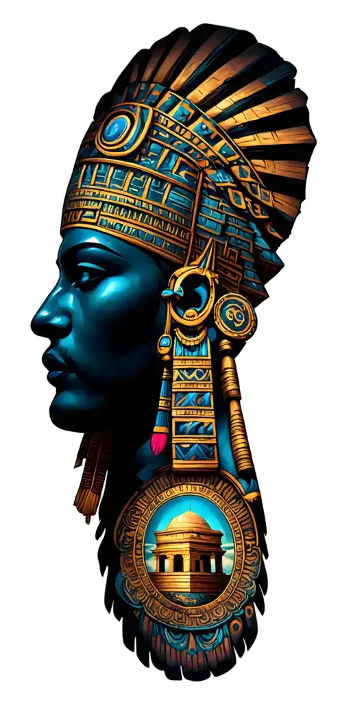 Qetzal with Mayan Temple, Leo, Libra & Pisces zodiac signs tattoo design idea