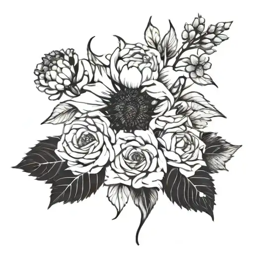 birth flower bouquet with May, August, October, November, tattoo design idea