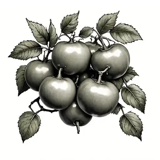 five tomamtos on a vine, very small tattoo and simple since its for a flash sale probabaly two inch by two inch tattoo design idea