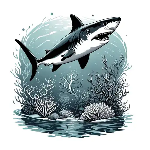 coral reefs, shark swimming tattoo design idea